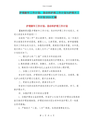 护理新年工作计划：急诊科护理工作计划与护理月工作计划2024汇编