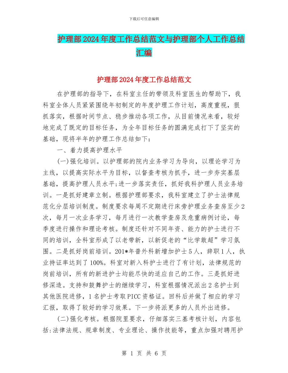 护理部2024年度工作总结范文与护理部个人工作总结汇编_第1页