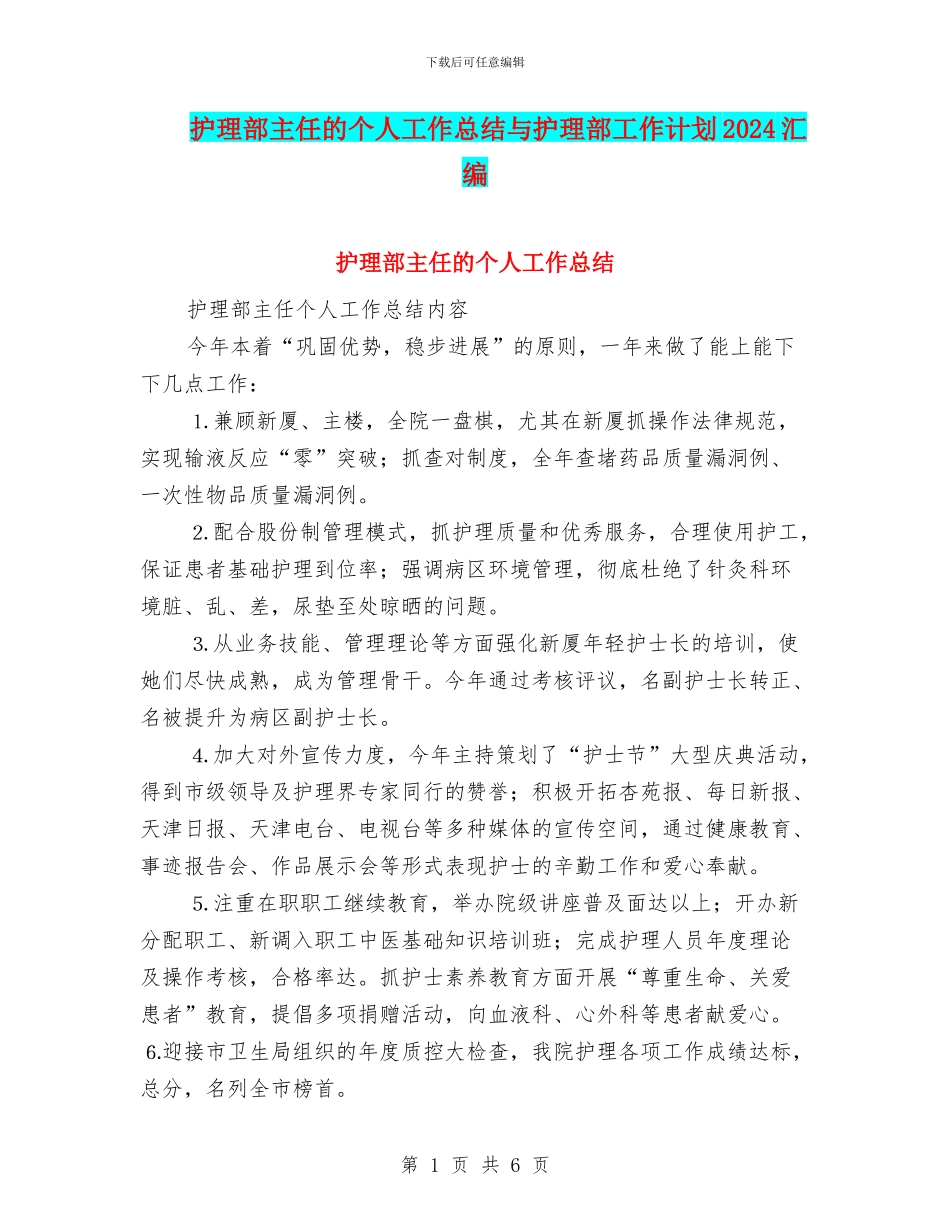 护理部主任的个人工作总结与护理部工作计划2024汇编_第1页