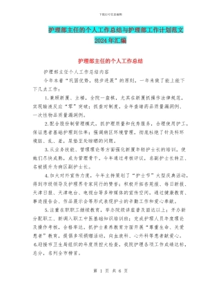 护理部主任的个人工作总结与护理部工作计划范文2024年汇编
