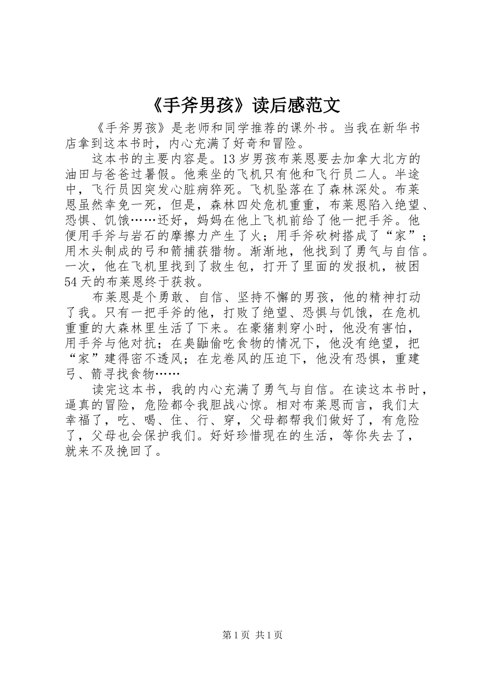 《手斧男孩》读后感范文_第1页