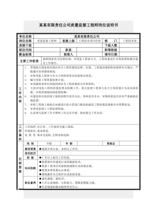 质量监督工程师岗位说明书