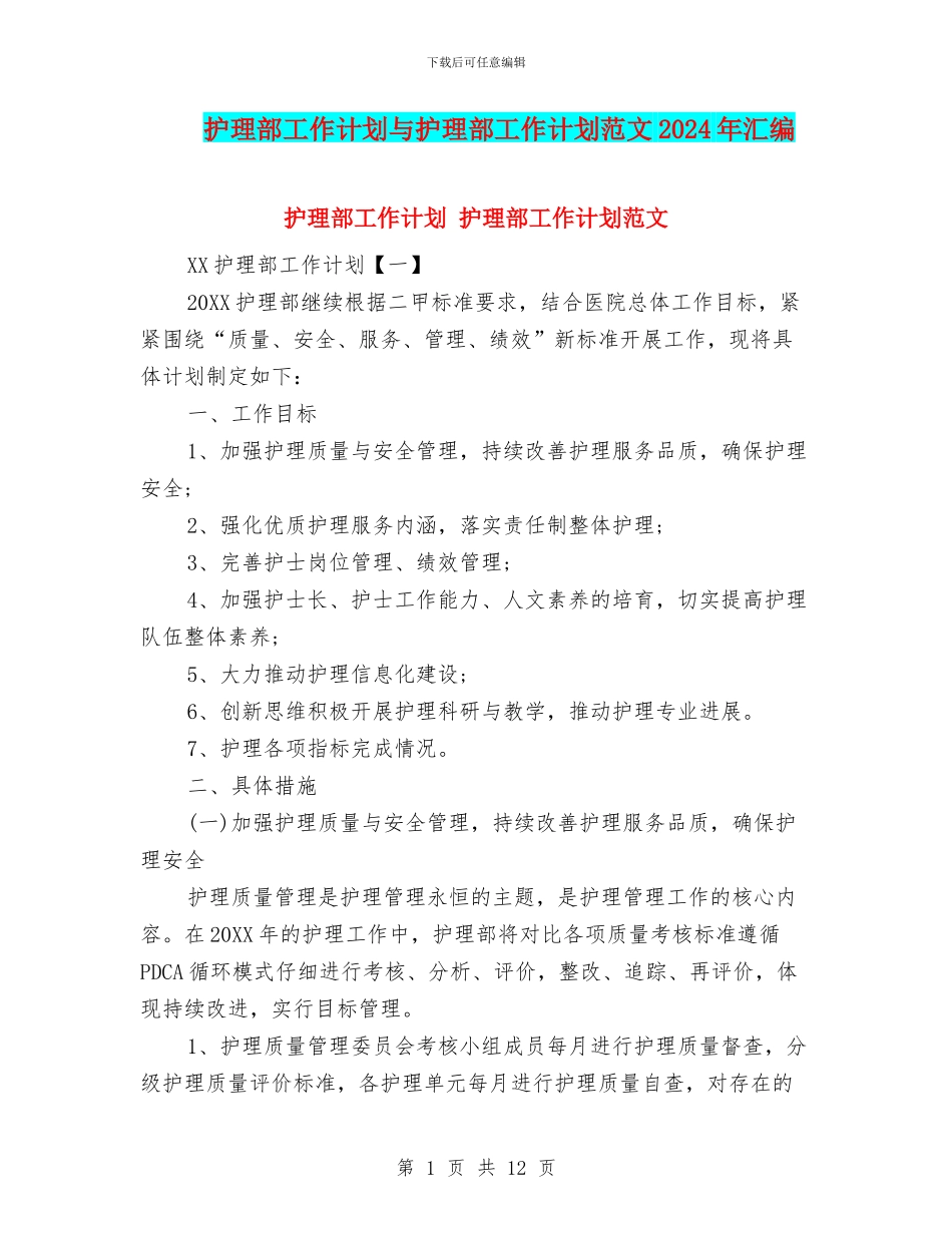 护理部工作计划与护理部工作计划范文2024年汇编_第1页