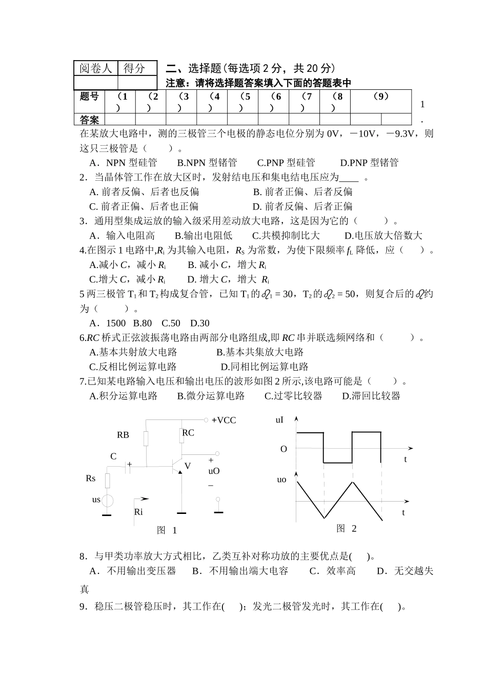 物理学专业电子技术基础试卷A_第2页