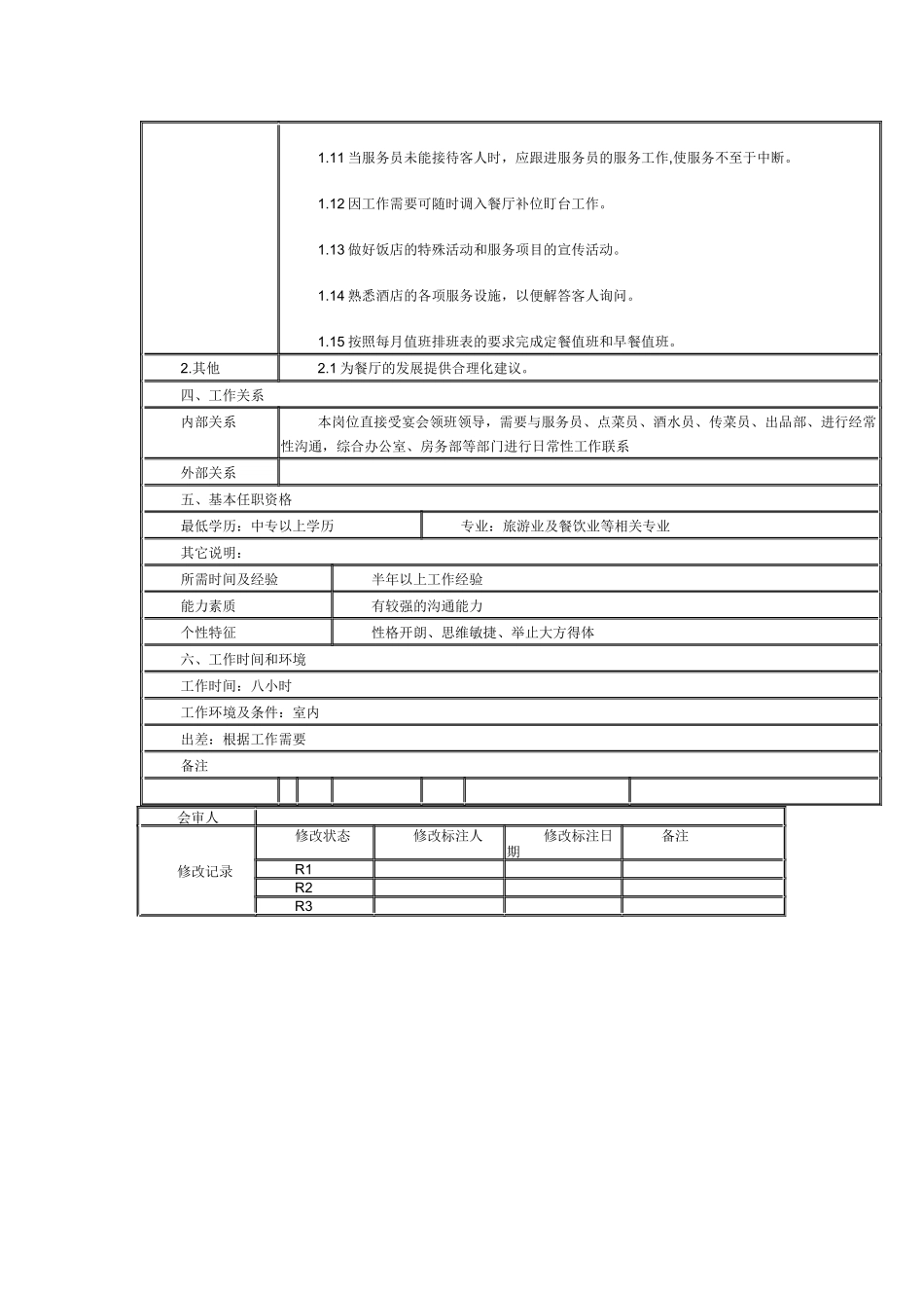 某连锁餐饮企业餐厅迎宾员职务说明书_第2页