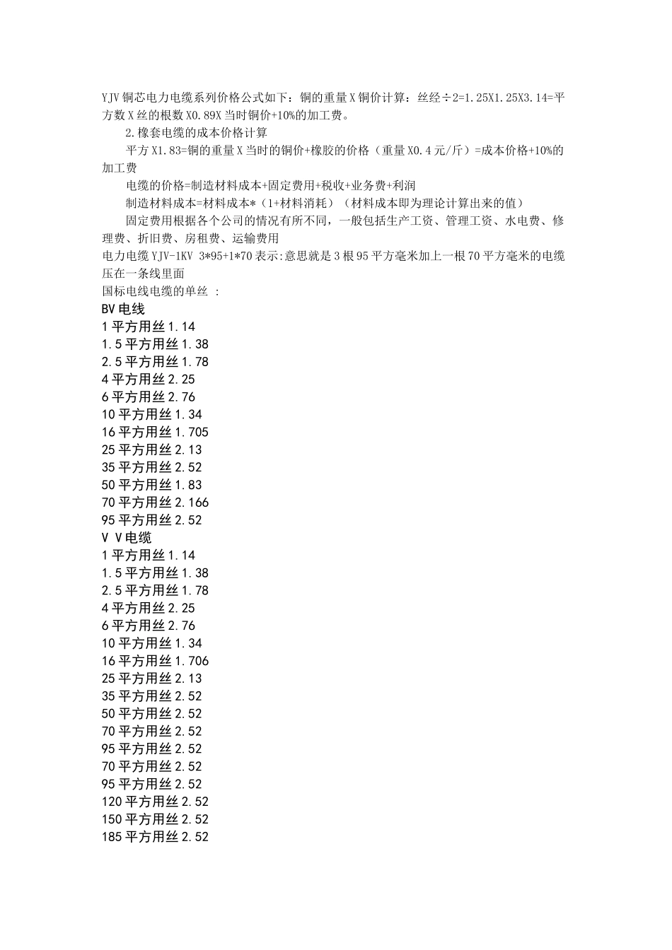 YJV铜芯电力电缆系列价格公式如下_第1页
