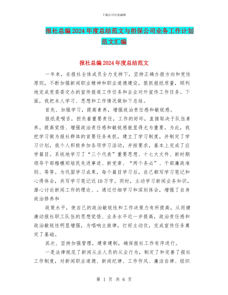 报社总编2024年度总结范文与担保公司业务工作计划范文汇编_第1页