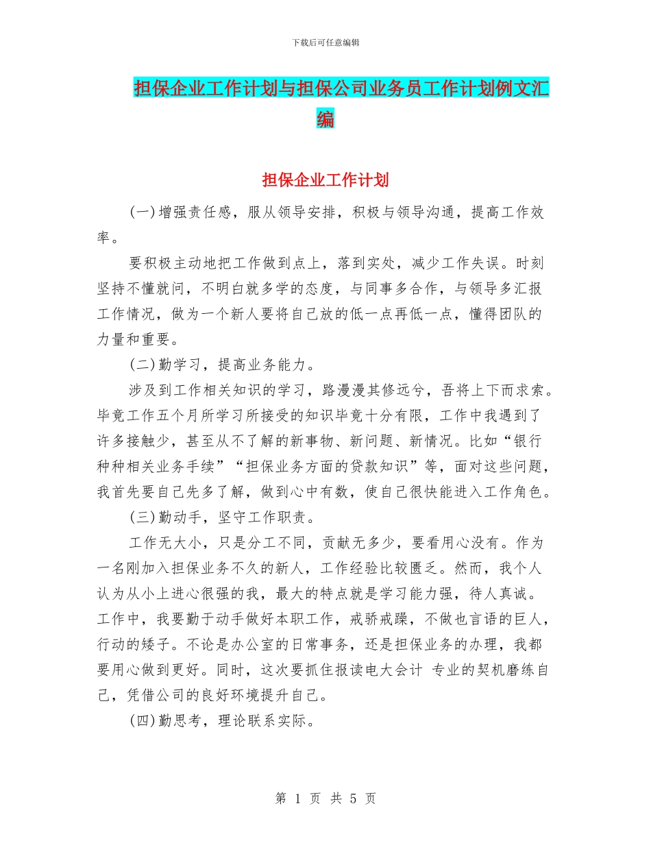 担保企业工作计划与担保公司业务员工作计划例文汇编_第1页
