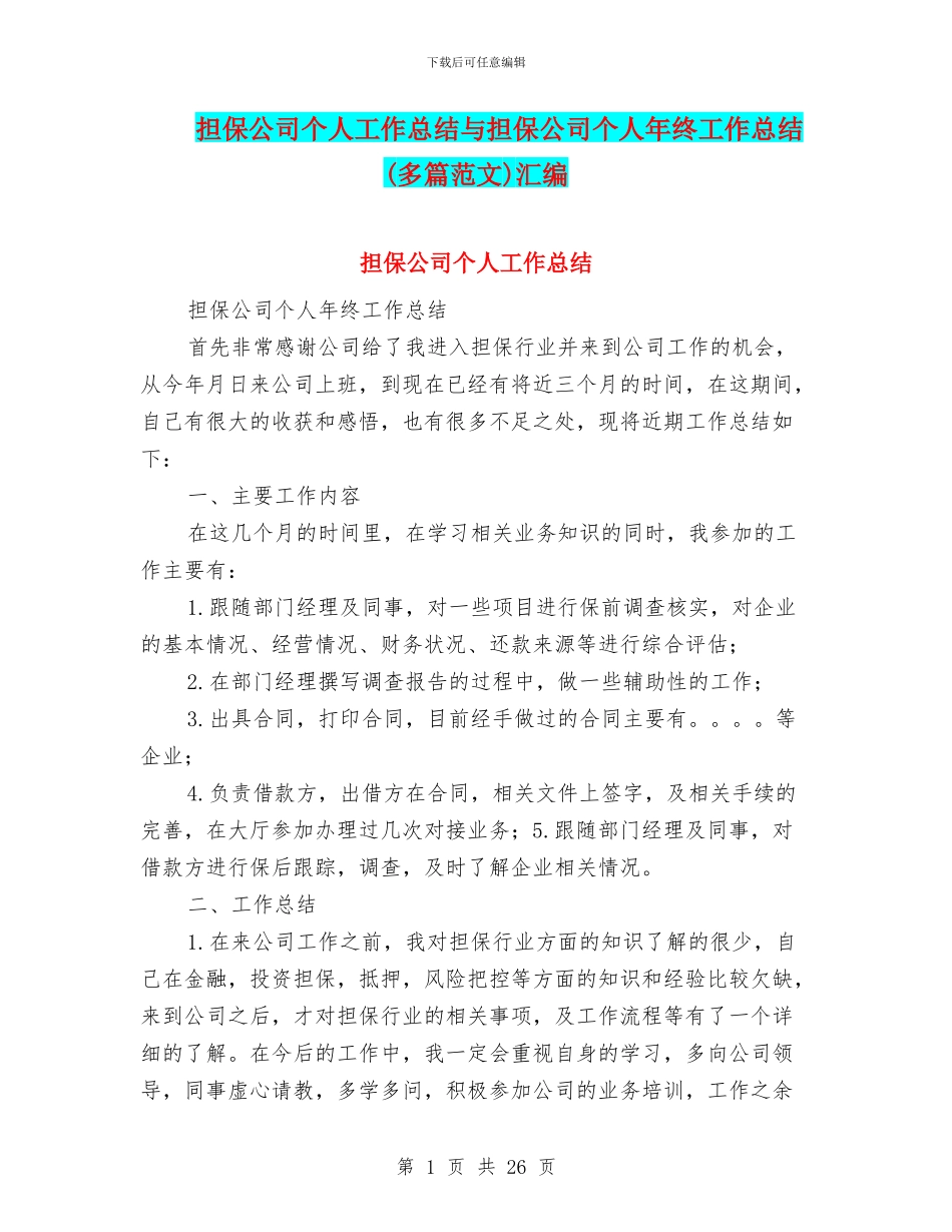 担保公司个人工作总结与担保公司个人年终工作总结汇编_第1页