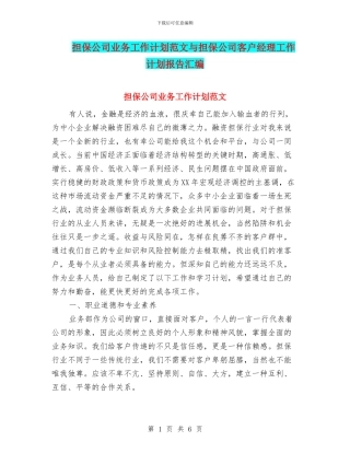 担保公司业务工作计划范文与担保公司客户经理工作计划报告汇编