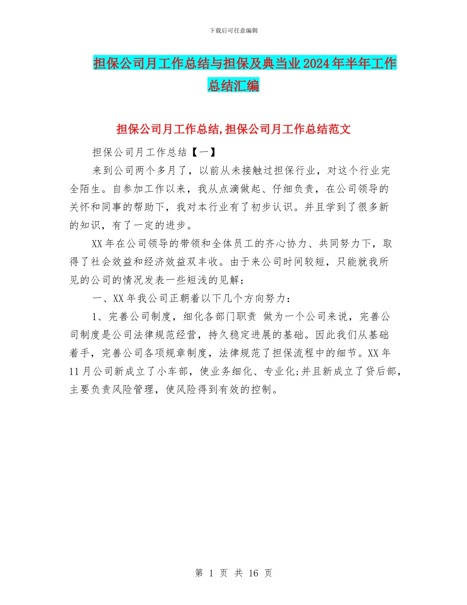 担保公司月工作总结与担保及典当业2024年半年工作总结汇编_第1页