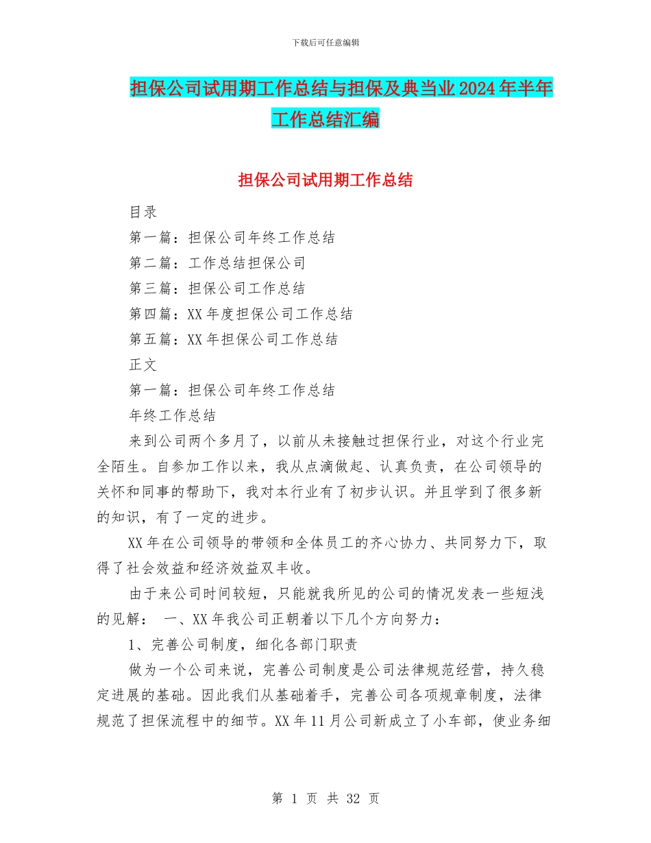 担保公司试用期工作总结与担保及典当业2024年半年工作总结汇编_第1页