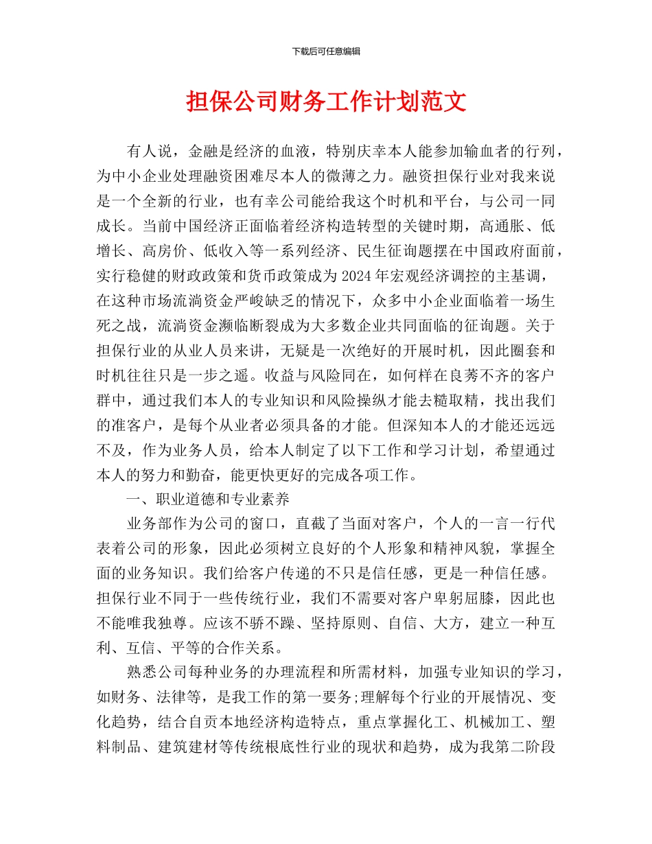 担保公司财务工作计划范文_第1页
