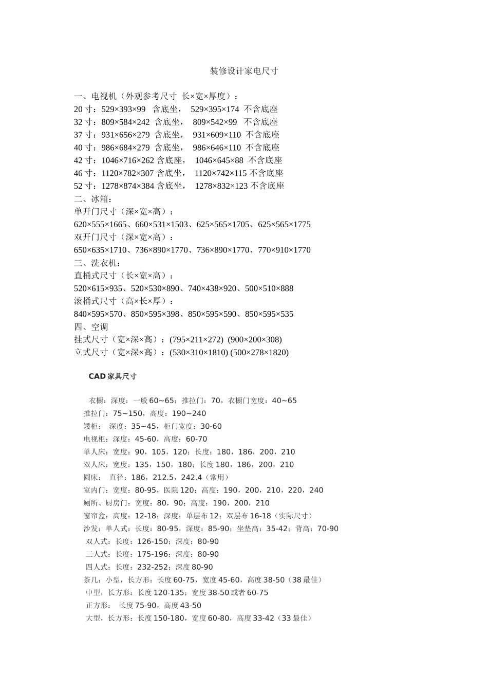 装修设计家电尺寸_第1页