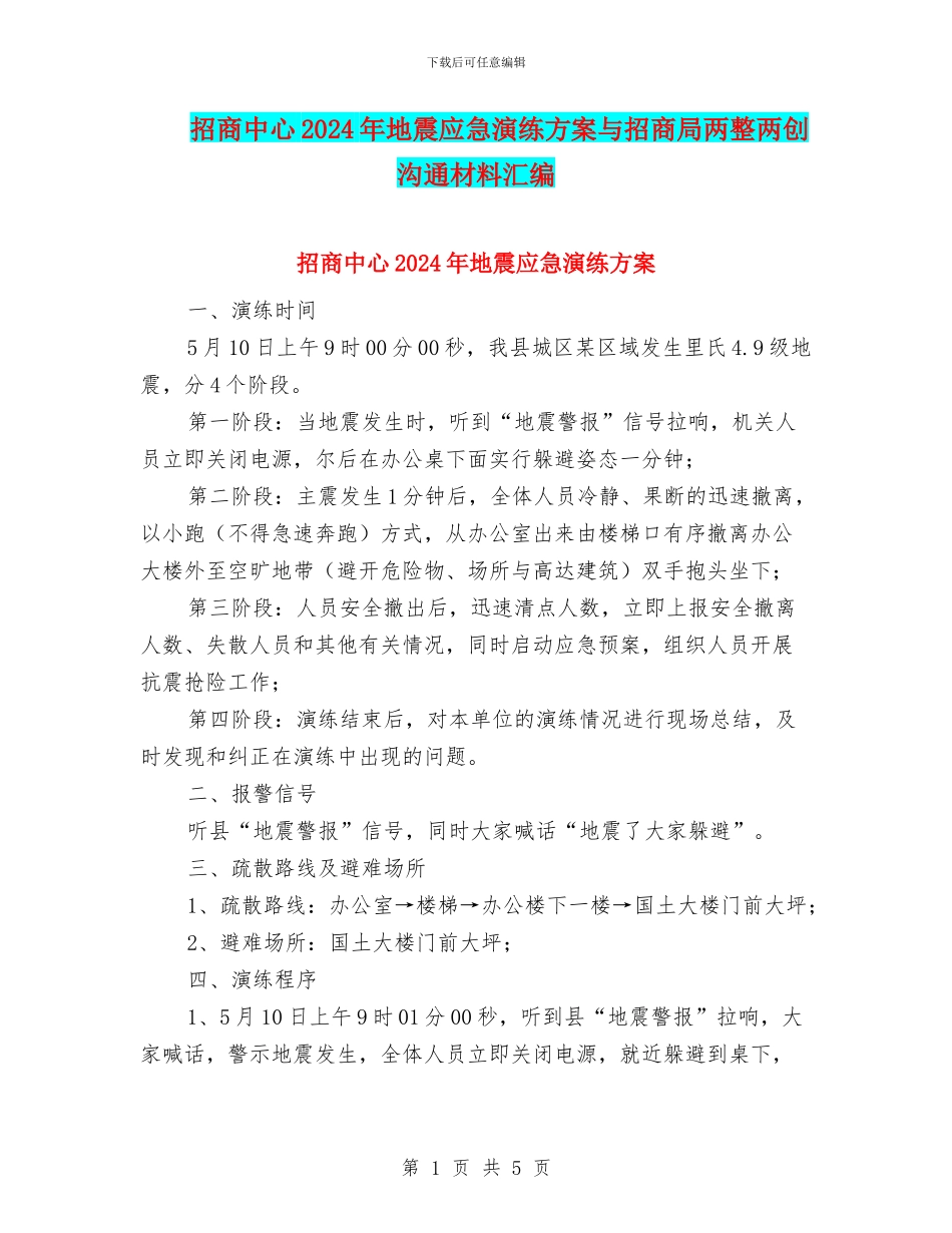 招商中心2024年地震应急演练方案与招商局两整两创交流材料汇编_第1页