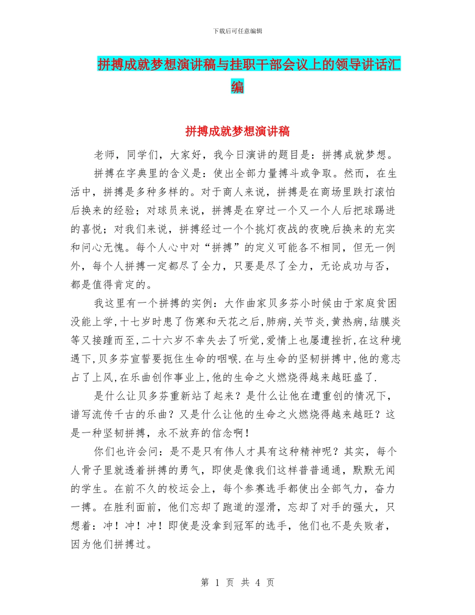 拼搏成就梦想演讲稿与挂职干部会议上的领导讲话汇编_第1页