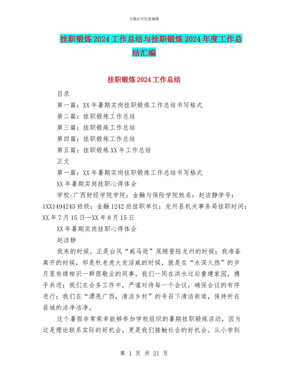 挂职锻炼2024工作总结与挂职锻炼2024年度工作总结汇编_第1页