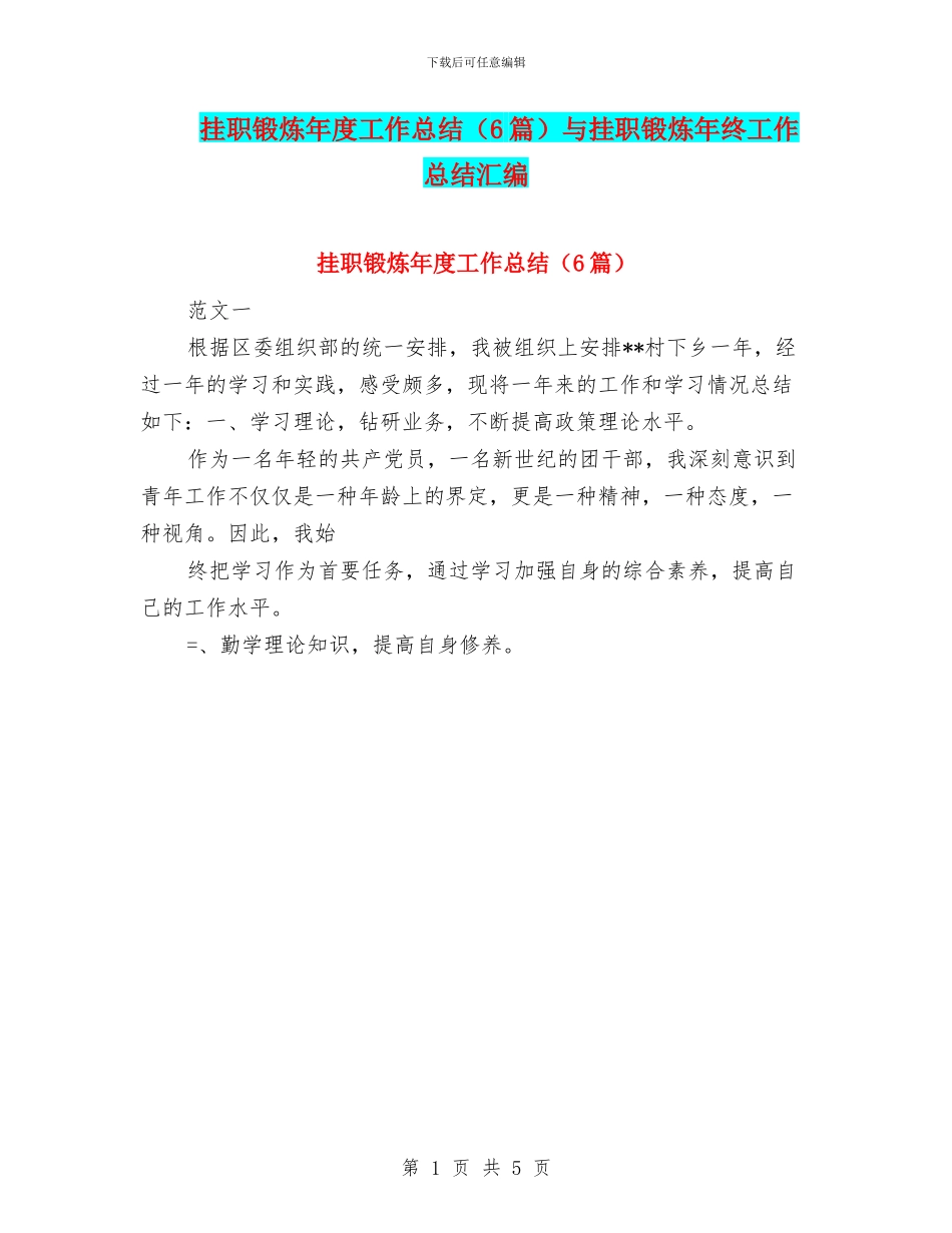 挂职锻炼年度工作总结与挂职锻炼年终工作总结汇编_第1页