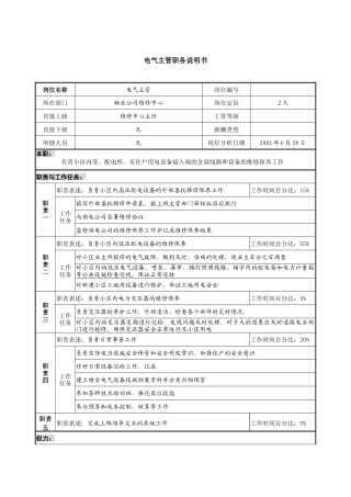 物业公司电气主管职务说明书