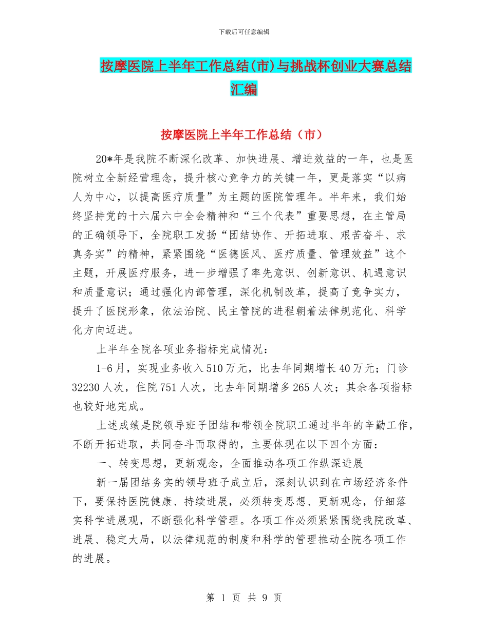 按摩医院上半年工作总结与挑战杯创业大赛总结汇编_第1页