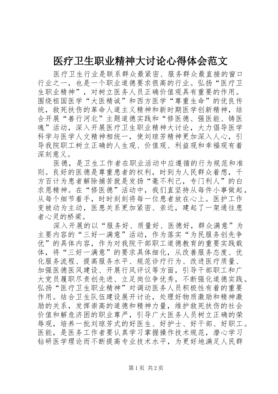 医疗卫生职业精神大讨论心得体会范文_第1页