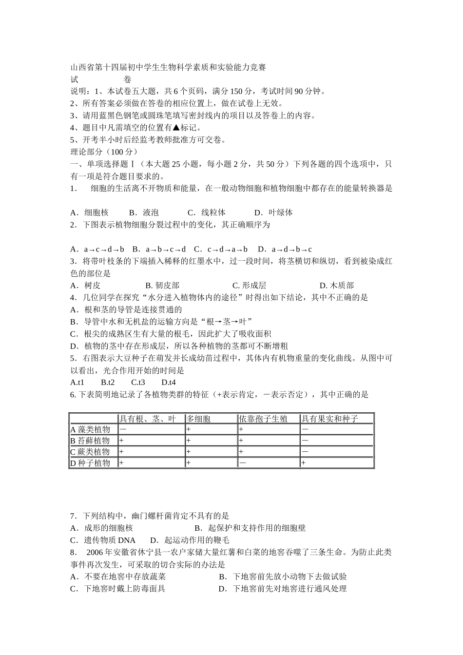 (试题)山西省第十四届初中学生生物科学素质和实验能力竞赛_第1页