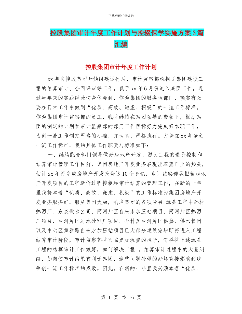 控股集团审计年度工作计划与控辍保学实施方案3篇汇编_第1页