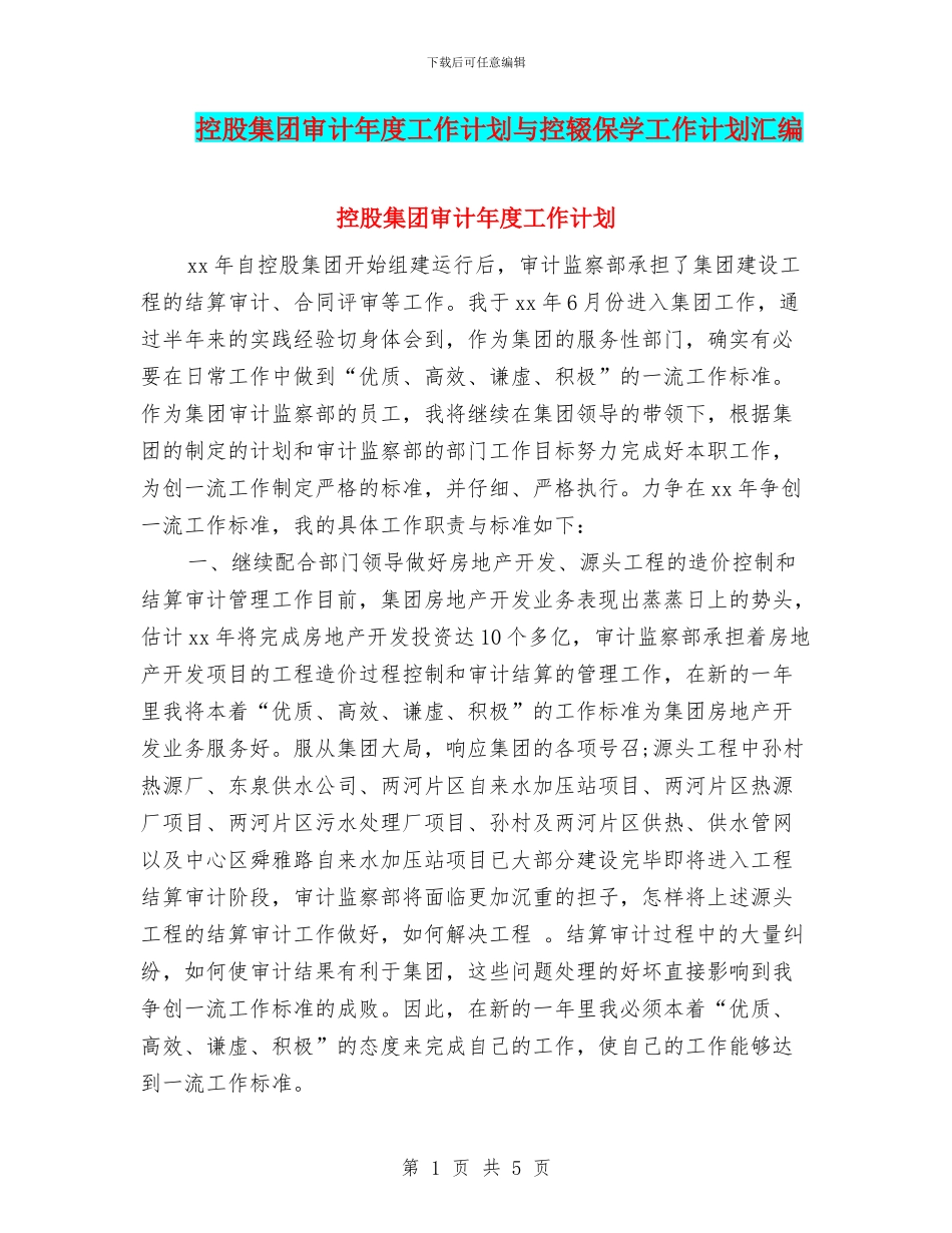 控股集团审计年度工作计划与控辍保学工作计划汇编_第1页