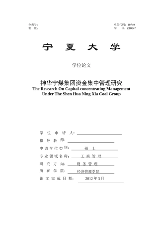 神华宁煤集团资金集中管理研究答辩稿111