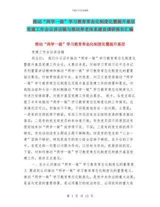 推进“两学一做”学习教育常态化制度化暨提升基层党建工作会议讲话稿与推进养老体系建设调研报告汇编