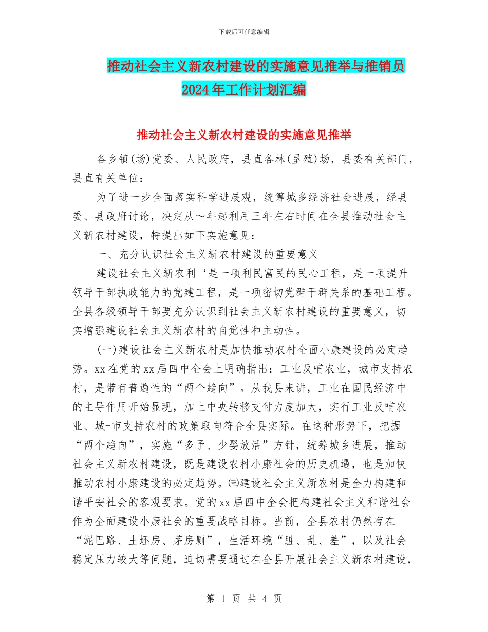推进社会主义新农村建设的实施意见推荐与推销员2024年工作计划汇编_第1页