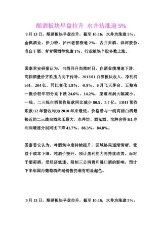 酿酒板块早盘拉升水井坊涨逾5%