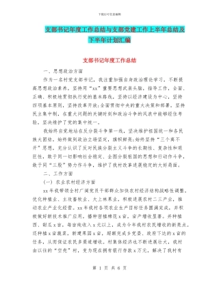 支部书记年度工作总结与支部党建工作上半年总结及下半年计划汇编
