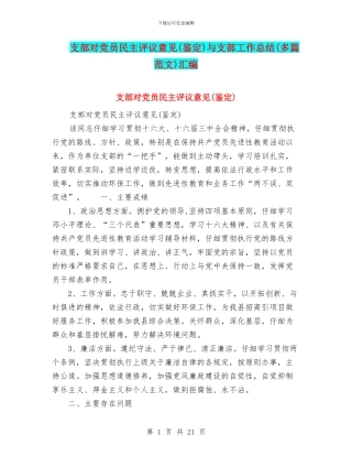 支部对党员民主评议意见与支部工作总结(多篇范文)汇编