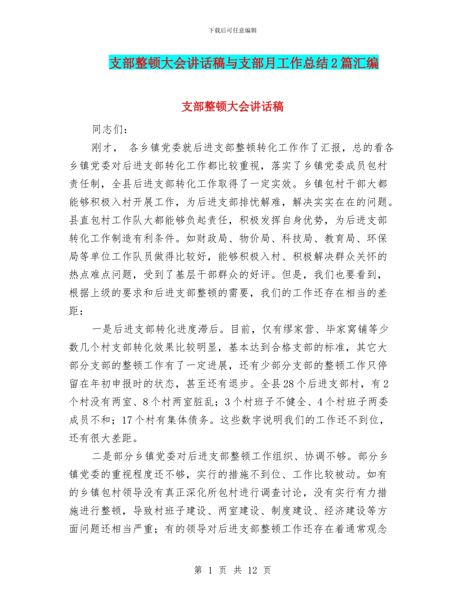 支部整顿大会讲话稿与支部月工作总结2篇汇编_第1页