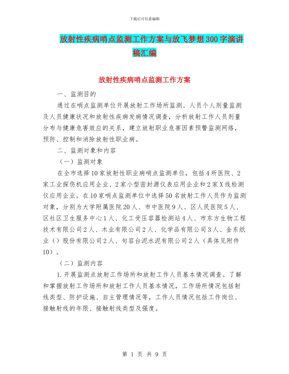 放射性疾病哨点监测工作方案与放飞梦想300字演讲稿汇编_第1页