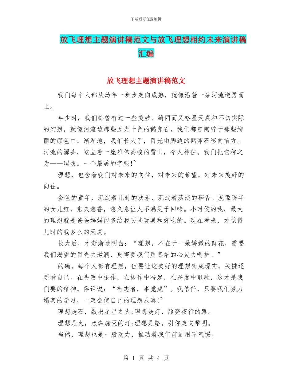 放飞理想主题演讲稿范文与放飞理想相约未来演讲稿汇编_第1页