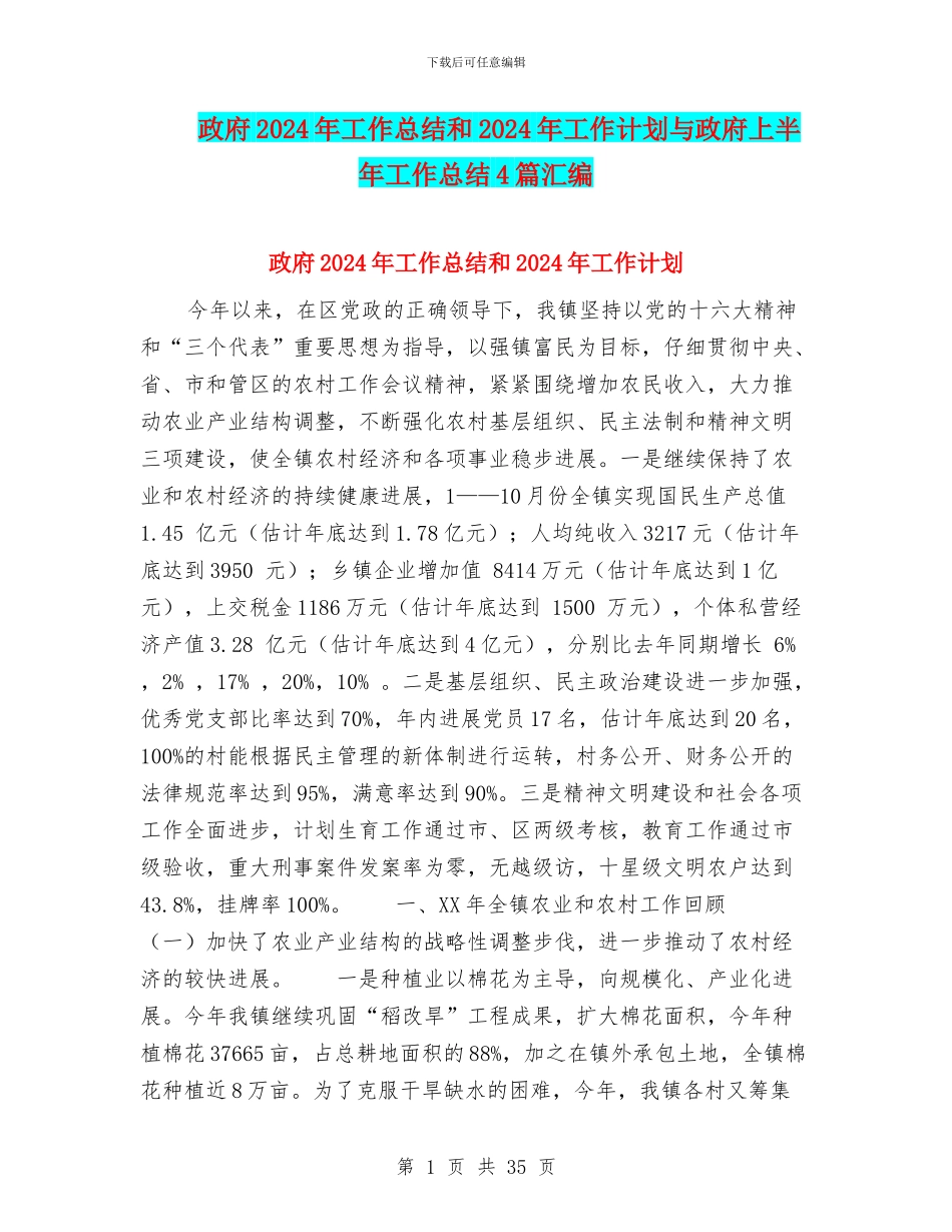 政府2024年工作总结和2024年工作计划与政府上半年工作总结4篇汇编_第1页