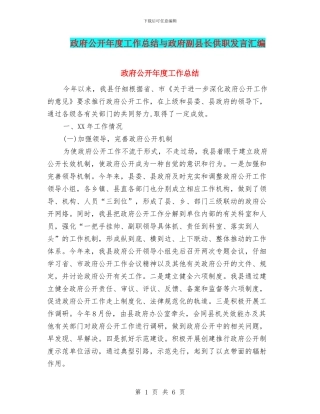 政府公开年度工作总结与政府副县长供职发言汇编