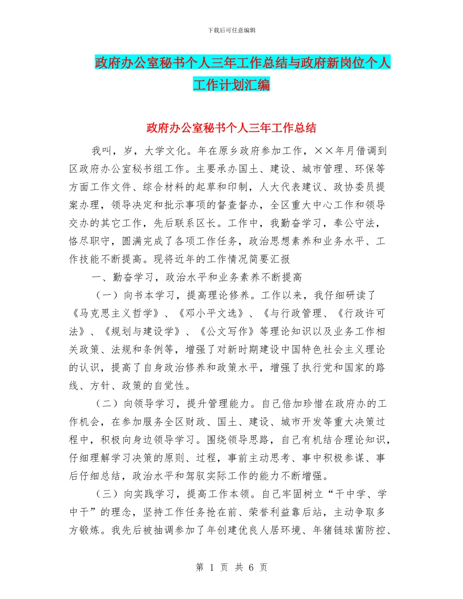 政府办公室秘书个人三年工作总结与政府新岗位个人工作计划汇编_第1页