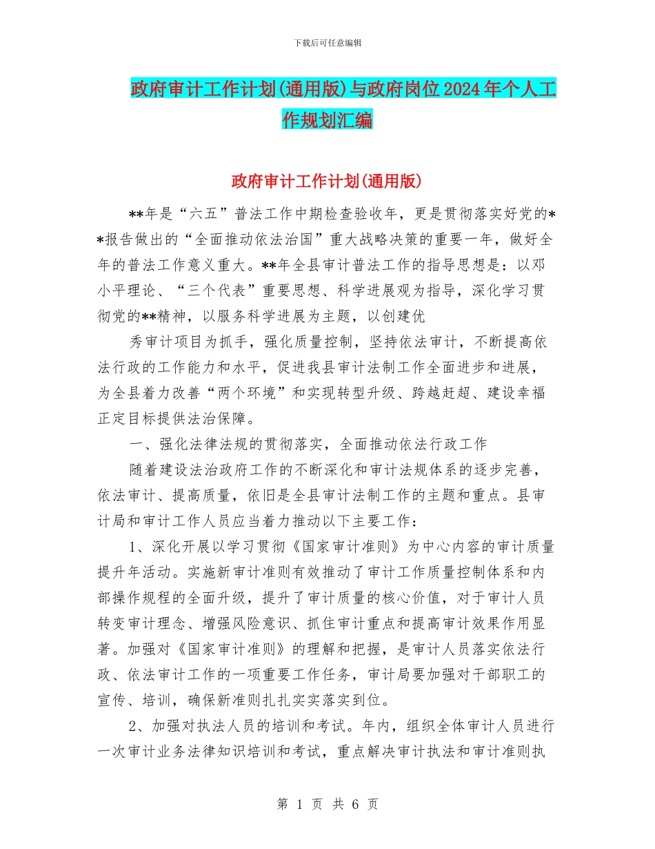 政府审计工作计划(通用版)与政府岗位2024年个人工作规划汇编_第1页