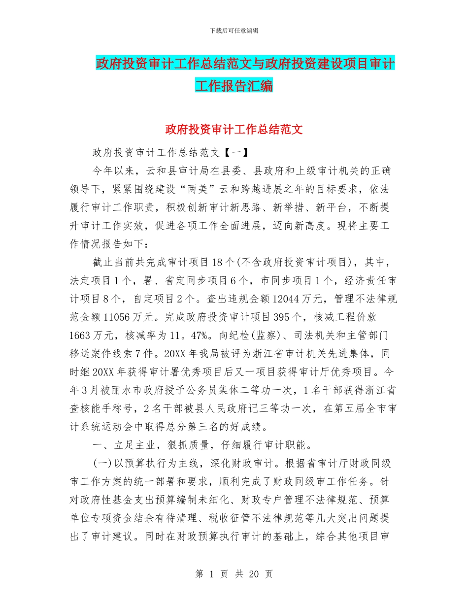 政府投资审计工作总结范文与政府投资建设项目审计工作报告汇编_第1页
