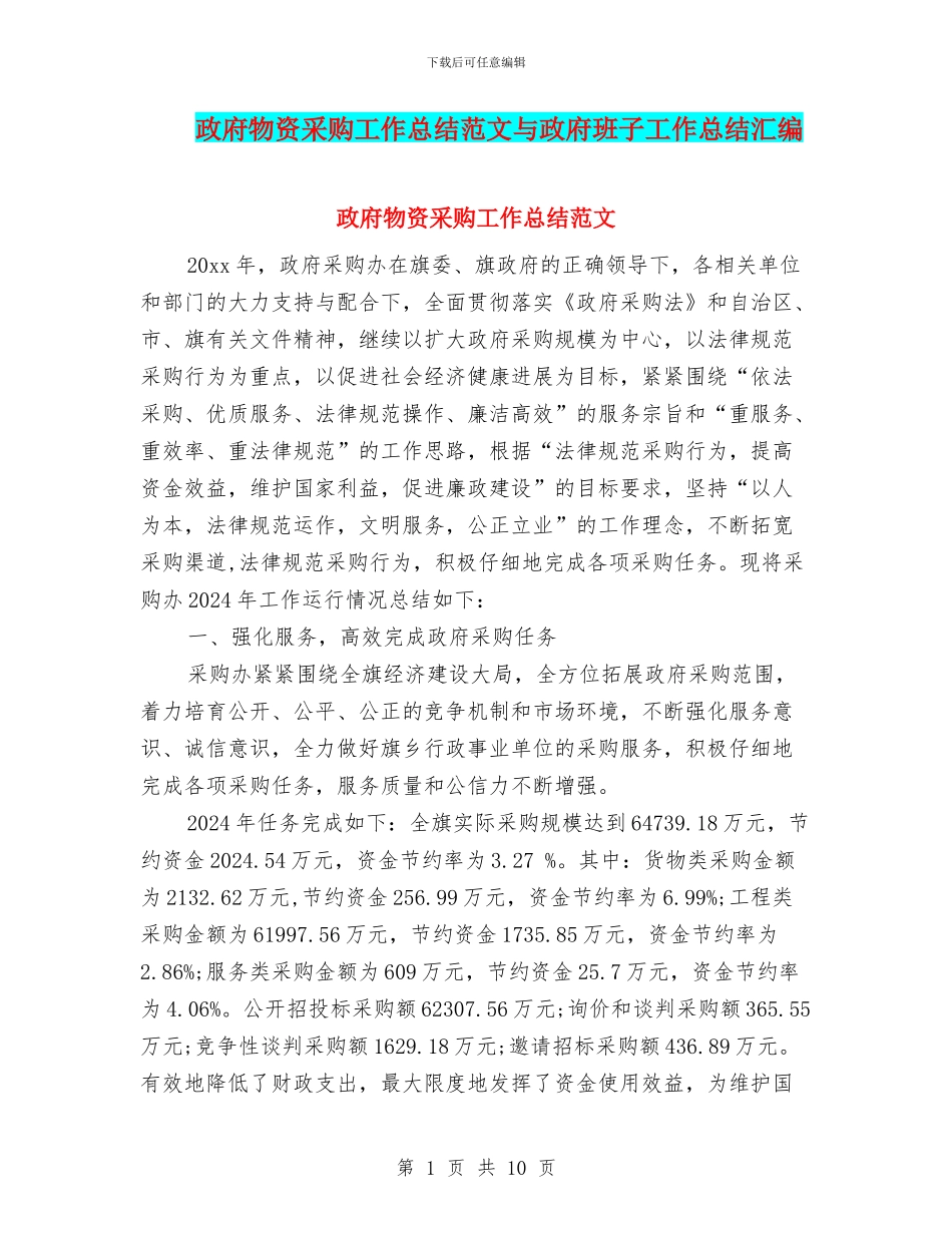 政府物资采购工作总结范文与政府班子工作总结汇编_第1页