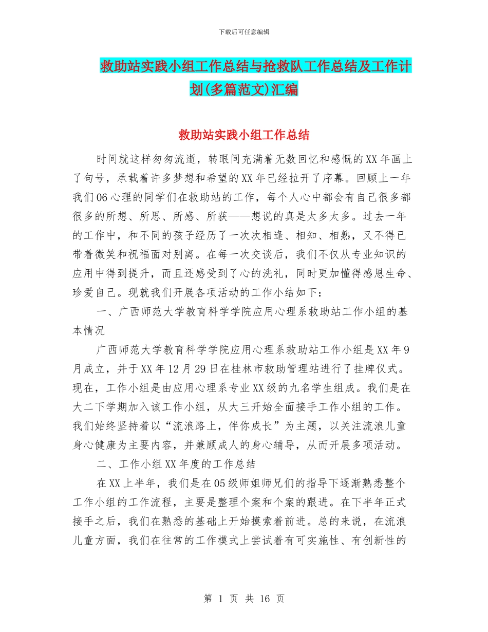 救助站实践小组工作总结与救护队工作总结及工作计划汇编_第1页