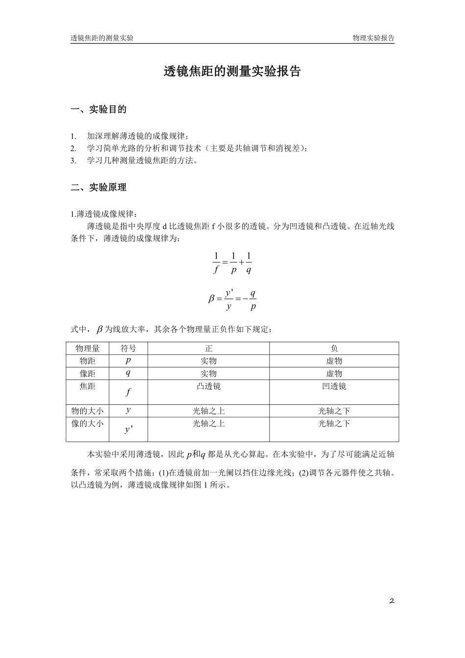 清华大学物理实验A1透镜焦距的测量实验报告.完整_第2页