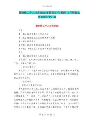 数控铣工个人技术总结与数码12月销售工作总结范文汇编