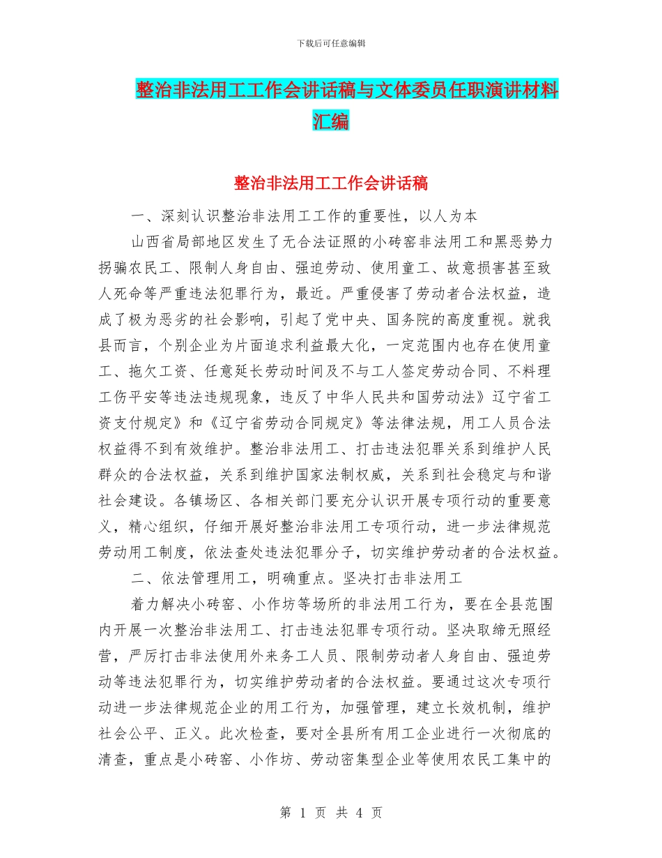 整治非法用工工作会讲话稿与文体委员任职演讲材料汇编_第1页