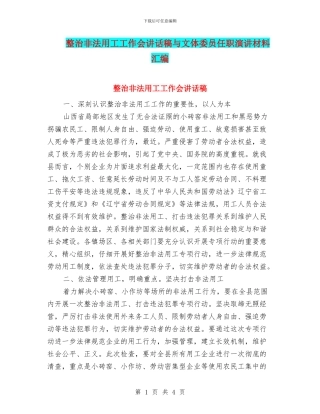 整治非法用工工作会讲话稿与文体委员任职演讲材料汇编