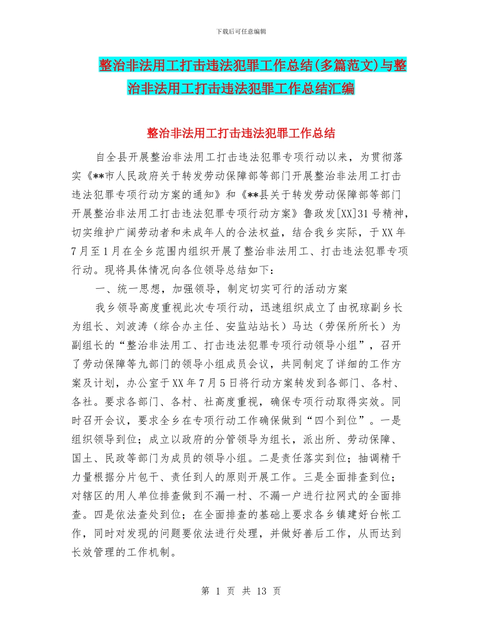 整治非法用工打击违法犯罪工作总结与整治非法用工打击违法犯罪工作总结汇编_第1页