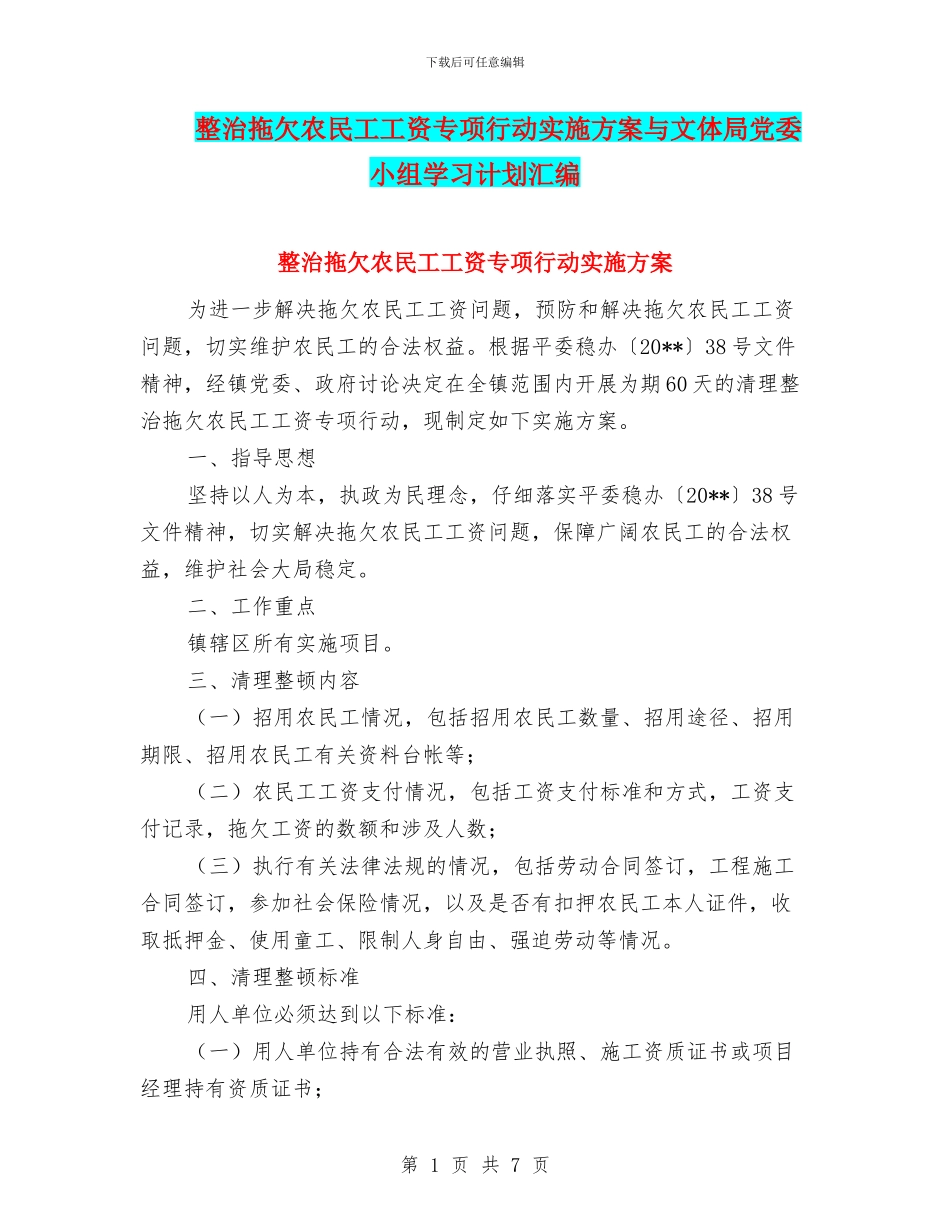 整治拖欠农民工工资专项行动实施方案与文体局党委小组学习计划汇编_第1页
